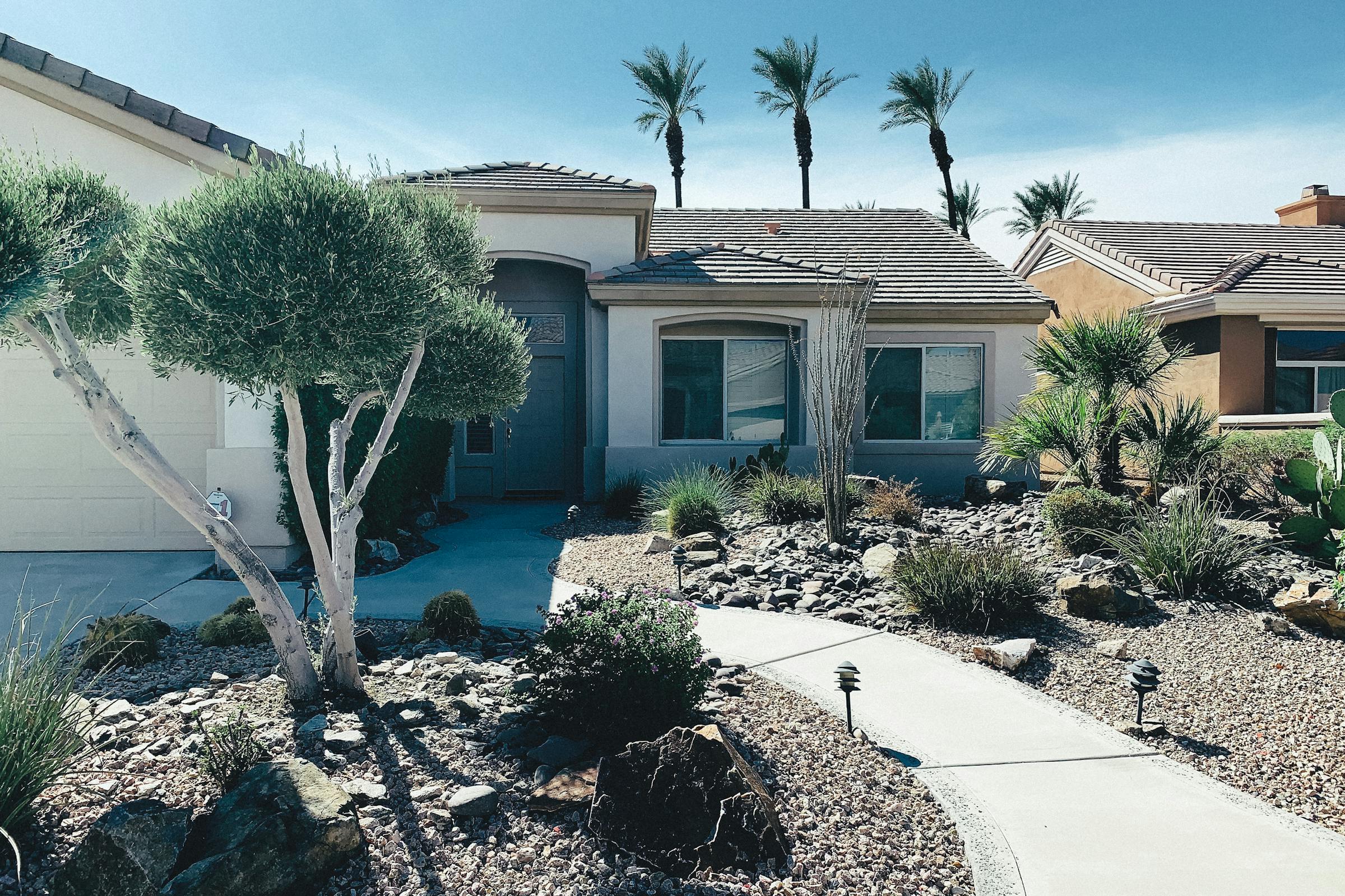 Single-story desert home with skinned Mexican fan palms and gravel front bed